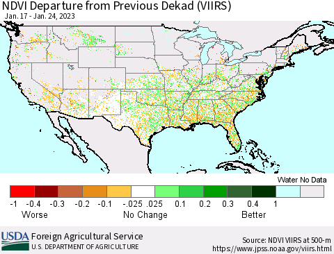 United States NDVI Departure from Previous Dekad (VIIRS) Thematic Map For 1/21/2023 - 1/31/2023