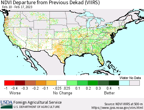 United States NDVI Departure from Previous Dekad (VIIRS) Thematic Map For 2/11/2023 - 2/20/2023