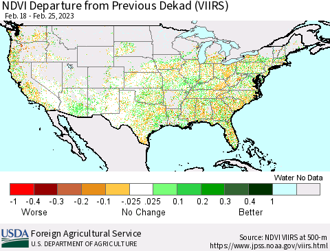 United States NDVI Departure from Previous Dekad (VIIRS) Thematic Map For 2/21/2023 - 2/28/2023