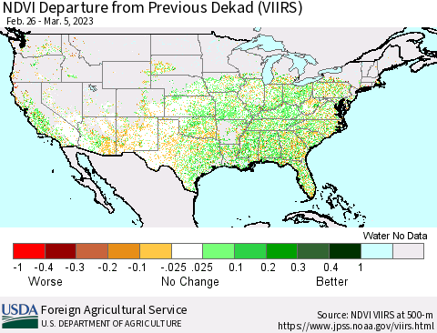 United States NDVI Departure from Previous Dekad (VIIRS) Thematic Map For 3/1/2023 - 3/10/2023