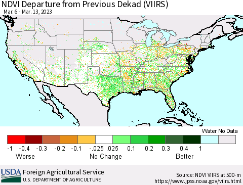 United States NDVI Departure from Previous Dekad (VIIRS) Thematic Map For 3/11/2023 - 3/20/2023