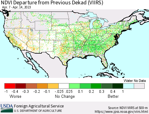 United States NDVI Departure from Previous Dekad (VIIRS) Thematic Map For 4/11/2023 - 4/20/2023