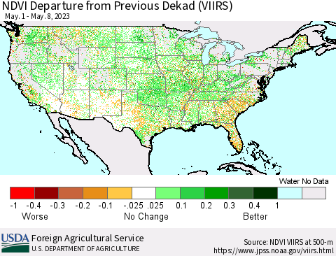 United States NDVI Departure from Previous Dekad (VIIRS) Thematic Map For 5/1/2023 - 5/10/2023