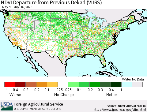 United States NDVI Departure from Previous Dekad (VIIRS) Thematic Map For 5/11/2023 - 5/20/2023