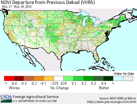 United States NDVI Departure from Previous Dekad (VIIRS) Thematic Map For 5/21/2023 - 5/31/2023