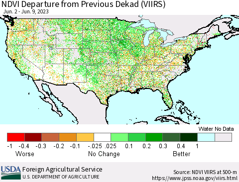 United States NDVI Departure from Previous Dekad (VIIRS) Thematic Map For 6/1/2023 - 6/10/2023