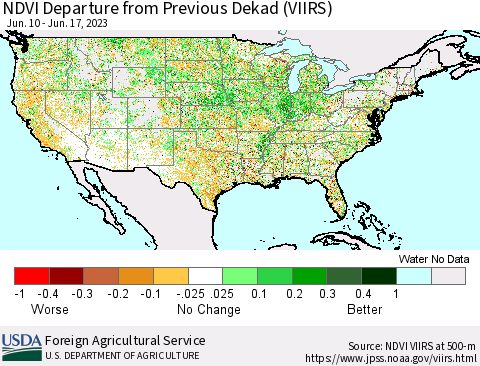 United States NDVI Departure from Previous Dekad (VIIRS) Thematic Map For 6/11/2023 - 6/20/2023