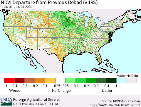 United States NDVI Departure from Previous Dekad (VIIRS) Thematic Map For 6/21/2023 - 6/30/2023