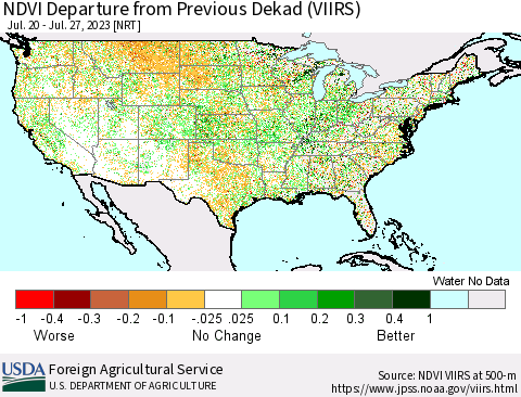 United States NDVI Departure from Previous Dekad (VIIRS) Thematic Map For 7/21/2023 - 7/31/2023