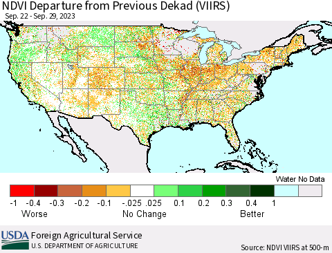 United States NDVI Departure from Previous Dekad (VIIRS) Thematic Map For 9/21/2023 - 9/30/2023