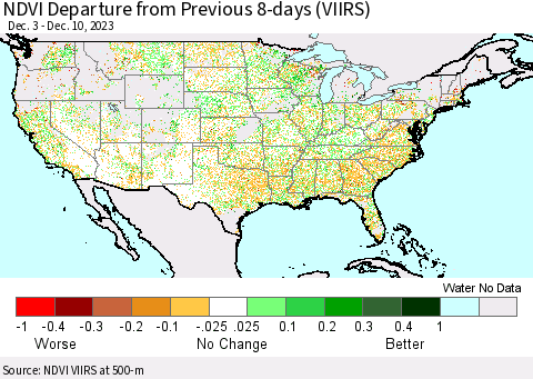 United States NDVI Departure from Previous 8-days (VIIRS) Thematic Map For 12/3/2023 - 12/10/2023