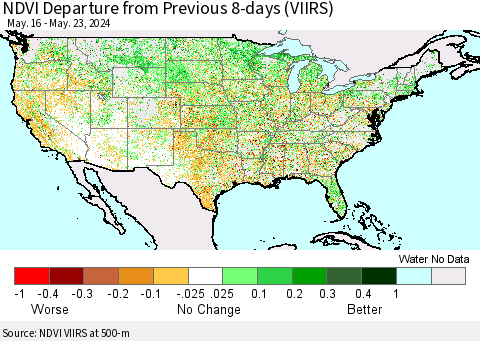 United States NDVI Departure from Previous 8-days (VIIRS) Thematic Map For 5/16/2024 - 5/23/2024