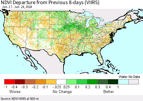 United States NDVI Departure from Previous 8-days (VIIRS) Thematic Map For 6/17/2024 - 6/24/2024