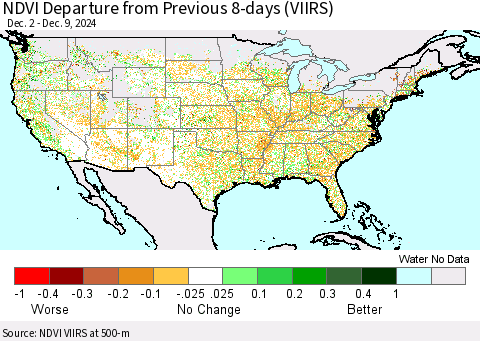 United States NDVI Departure from Previous 8-days (VIIRS) Thematic Map For 12/2/2024 - 12/9/2024