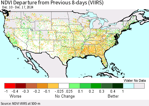 United States NDVI Departure from Previous 8-days (VIIRS) Thematic Map For 12/10/2024 - 12/17/2024
