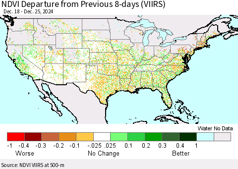 United States NDVI Departure from Previous 8-days (VIIRS) Thematic Map For 12/18/2024 - 12/25/2024