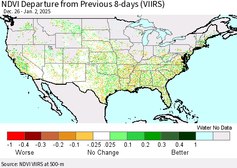 United States NDVI Departure from Previous 8-days (VIIRS) Thematic Map For 12/26/2024 - 1/2/2025