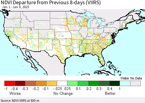 United States NDVI Departure from Previous 8-days (VIIRS) Thematic Map For 1/1/2025 - 1/8/2025