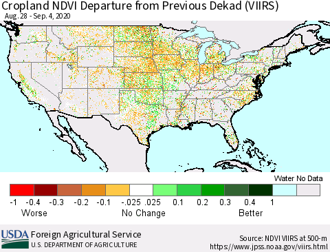 United States Cropland NDVI Departure from Previous Dekad (VIIRS) Thematic Map For 9/1/2020 - 9/10/2020