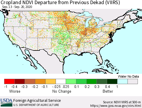 United States Cropland NDVI Departure from Previous Dekad (VIIRS) Thematic Map For 9/11/2020 - 9/20/2020