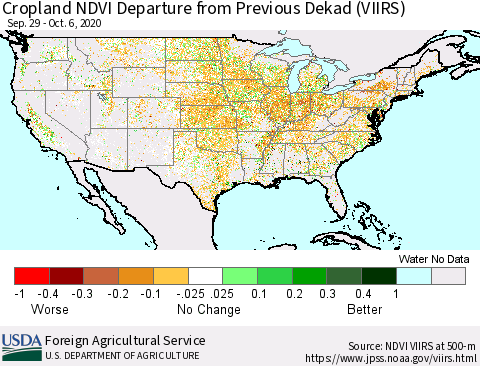 United States Cropland NDVI Departure from Previous Dekad (VIIRS) Thematic Map For 10/1/2020 - 10/10/2020