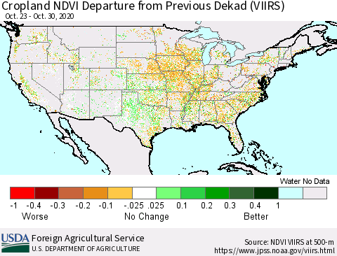 United States Cropland NDVI Departure from Previous Dekad (VIIRS) Thematic Map For 10/21/2020 - 10/31/2020
