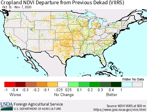 United States Cropland NDVI Departure from Previous Dekad (VIIRS) Thematic Map For 11/1/2020 - 11/10/2020