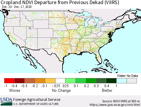 United States Cropland NDVI Departure from Previous Dekad (VIIRS) Thematic Map For 12/11/2020 - 12/20/2020