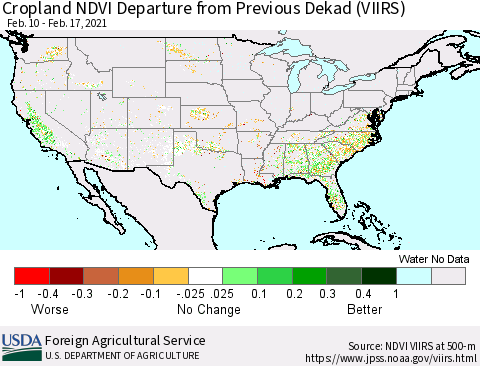 United States Cropland NDVI Departure from Previous Dekad (VIIRS) Thematic Map For 2/11/2021 - 2/20/2021