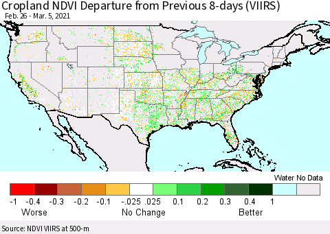 United States Cropland NDVI Departure from Previous 8-days (VIIRS) Thematic Map For 2/26/2021 - 3/5/2021