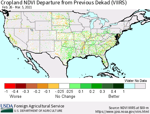United States Cropland NDVI Departure from Previous Dekad (VIIRS) Thematic Map For 3/1/2021 - 3/10/2021