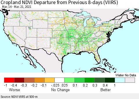 United States Cropland NDVI Departure from Previous 8-days (VIIRS) Thematic Map For 3/14/2021 - 3/21/2021