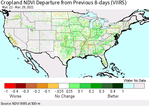 United States Cropland NDVI Departure from Previous 8-days (VIIRS) Thematic Map For 3/22/2021 - 3/29/2021