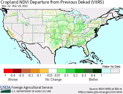 United States Cropland NDVI Departure from Previous Dekad (VIIRS) Thematic Map For 3/21/2021 - 3/31/2021