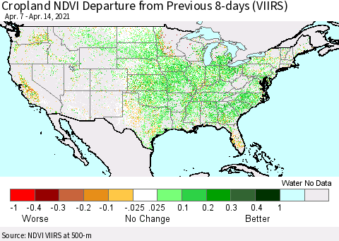 United States Cropland NDVI Departure from Previous 8-days (VIIRS) Thematic Map For 4/7/2021 - 4/14/2021