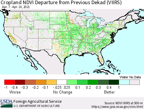 United States Cropland NDVI Departure from Previous Dekad (VIIRS) Thematic Map For 4/11/2021 - 4/20/2021