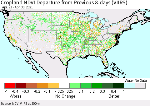 United States Cropland NDVI Departure from Previous Dekad (VIIRS) Thematic Map For 4/21/2021 - 4/30/2021