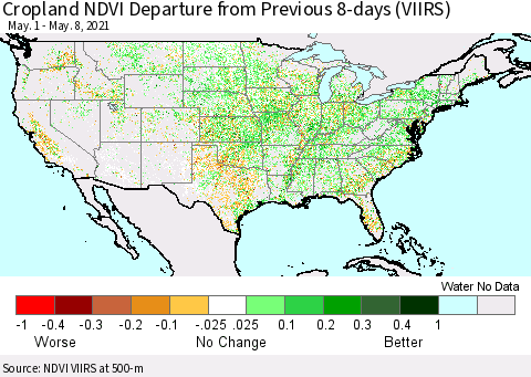 United States Cropland NDVI Departure from Previous 8-days (VIIRS) Thematic Map For 5/1/2021 - 5/8/2021