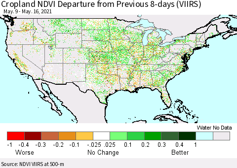 United States Cropland NDVI Departure from Previous 8-days (VIIRS) Thematic Map For 5/9/2021 - 5/16/2021
