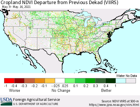 United States Cropland NDVI Departure from Previous Dekad (VIIRS) Thematic Map For 5/11/2021 - 5/20/2021