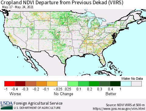 United States Cropland NDVI Departure from Previous Dekad (VIIRS) Thematic Map For 5/21/2021 - 5/31/2021