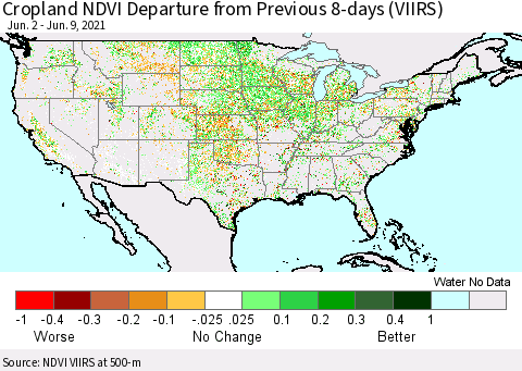 United States Cropland NDVI Departure from Previous 8-days (VIIRS) Thematic Map For 6/2/2021 - 6/9/2021