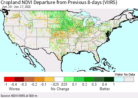 United States Cropland NDVI Departure from Previous 8-days (VIIRS) Thematic Map For 6/10/2021 - 6/17/2021