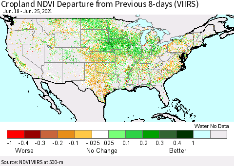 United States Cropland NDVI Departure from Previous 8-days (VIIRS) Thematic Map For 6/18/2021 - 6/25/2021