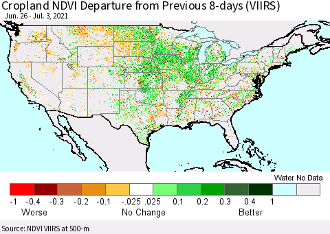 United States Cropland NDVI Departure from Previous 8-days (VIIRS) Thematic Map For 6/26/2021 - 7/3/2021
