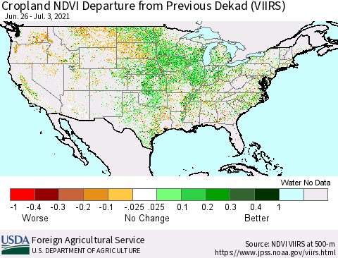 United States Cropland NDVI Departure from Previous Dekad (VIIRS) Thematic Map For 7/1/2021 - 7/10/2021