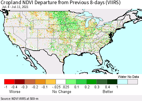United States Cropland NDVI Departure from Previous 8-days (VIIRS) Thematic Map For 7/4/2021 - 7/11/2021
