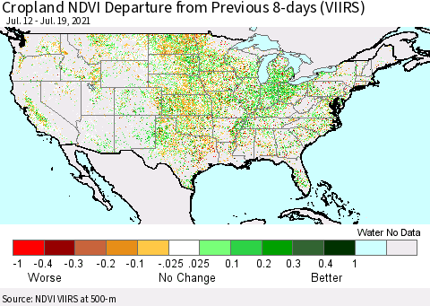United States Cropland NDVI Departure from Previous 8-days (VIIRS) Thematic Map For 7/12/2021 - 7/19/2021