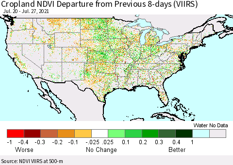 United States Cropland NDVI Departure from Previous 8-days (VIIRS) Thematic Map For 7/20/2021 - 7/27/2021