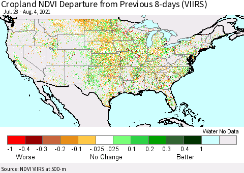 United States Cropland NDVI Departure from Previous 8-days (VIIRS) Thematic Map For 7/28/2021 - 8/4/2021